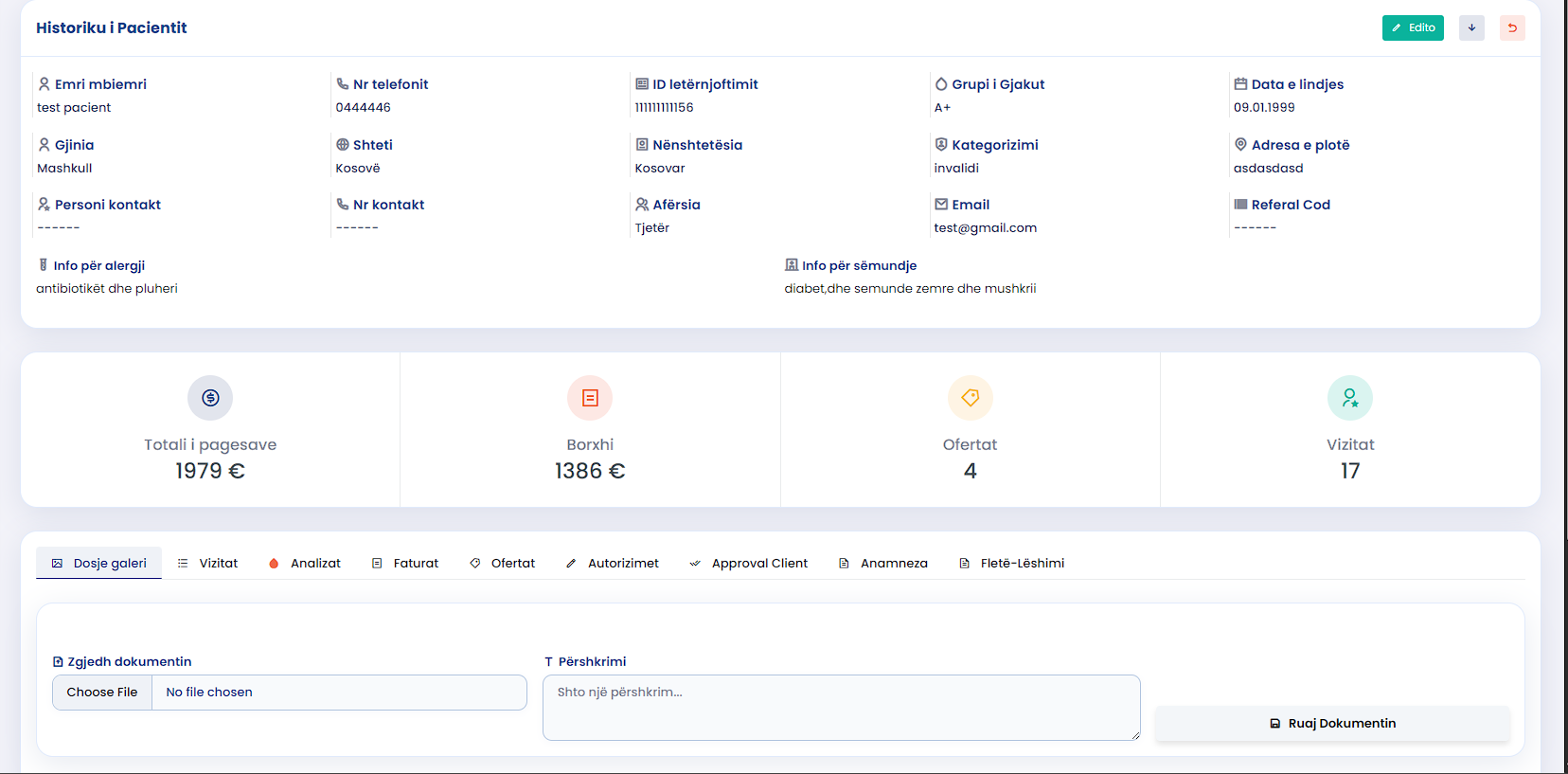Interface e modulit Historiku i Pacientit - Care360